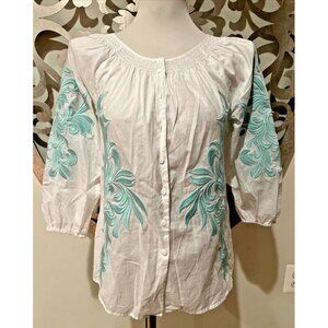 Sundance Blouse XS 3/4 Sleeve Embroidered Aqua Teal Buttons White Cotton Top
